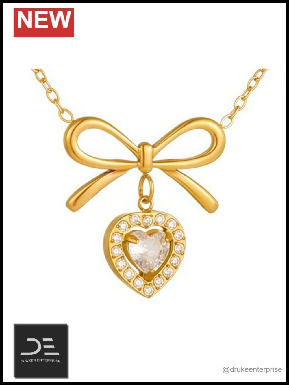 18k Gold Plated Moissanite Heart Pendant Necklace with Bow Charm